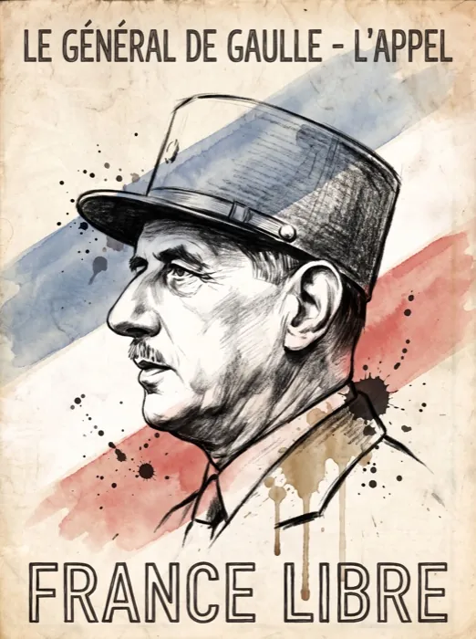 Affiche à l'aquarelle « France libre » : Charles de Gaulle, képi sur la tête
