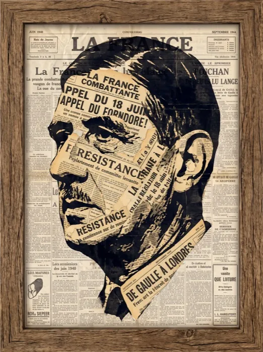 Charles de Gaulle en collage de journaux d'époque