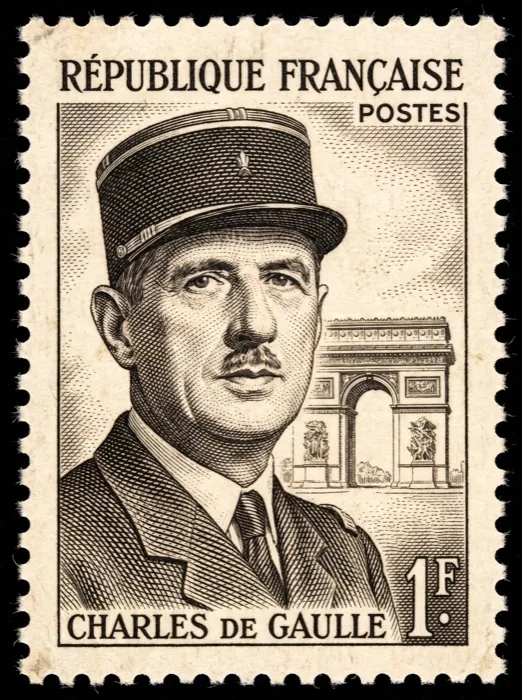 Illustration de Charles de Gaulle en gravure, façon timbre d'époque